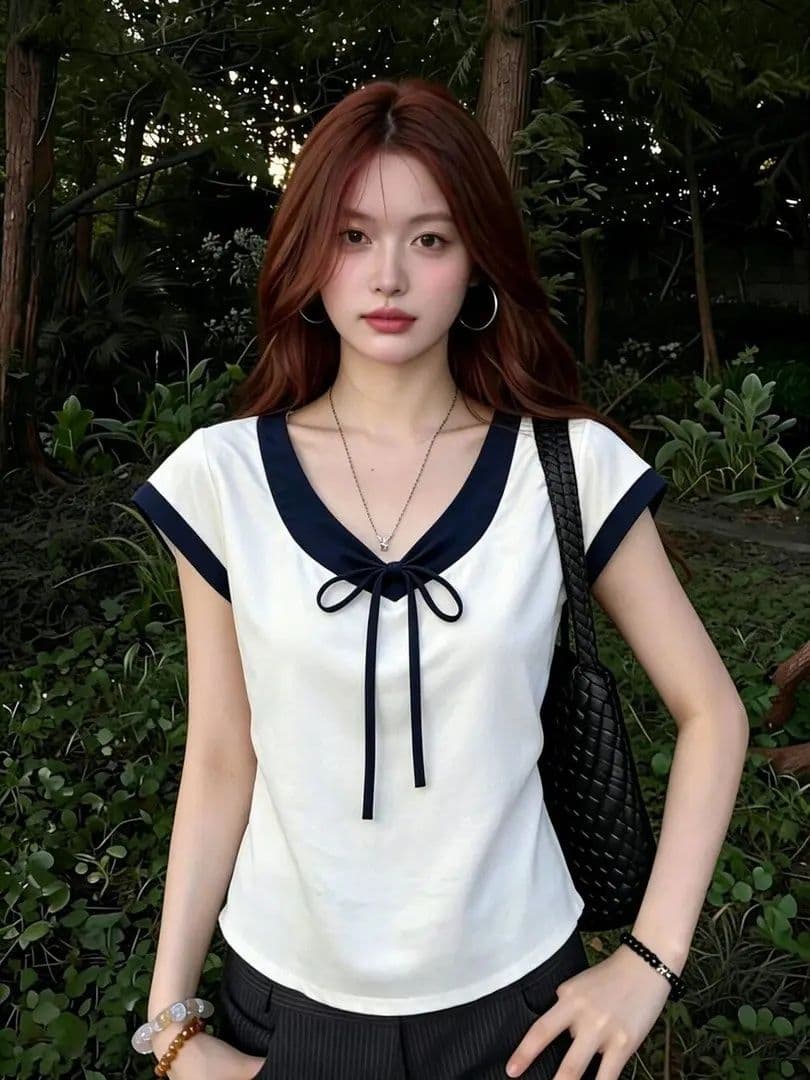 210 그램 40 좋은 면 1 1 순수한 욕망 바람 여름 나비 넥타이 V넥 나팔 소매 디자인 센스 맨위 상세 이미지 4