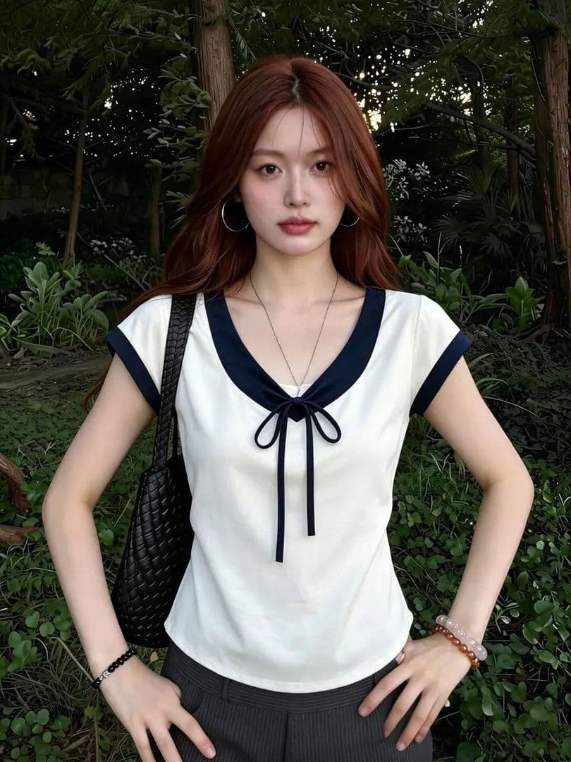 210 그램 40 좋은 면 1 1 순수한 욕망 바람 여름 나비 넥타이 V넥 나팔 소매 디자인 센스 맨위 상세 이미지 5
