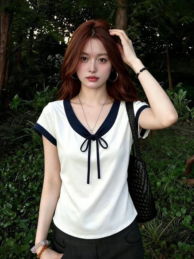 210 그램 40 좋은 면 1 1 순수한 욕망 바람 여름 나비 넥타이 V넥 나팔 소매 디자인 센스 맨위 상세 이미지 6