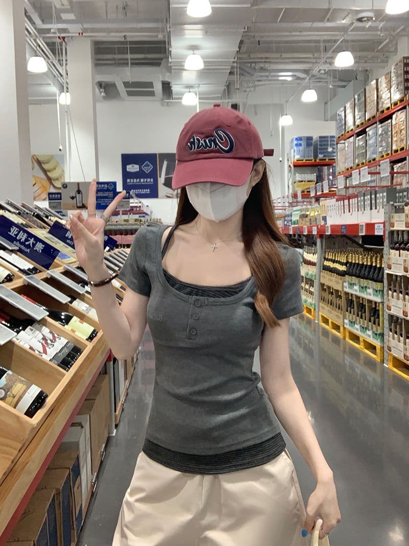 반팔 티셔츠 여성 의류 여름 새로운 디자인 센스 몸매 가꾸기 스트라이프 페이크 레이어드 한 부서 라운드 넥 맨위 상세 이미지 7