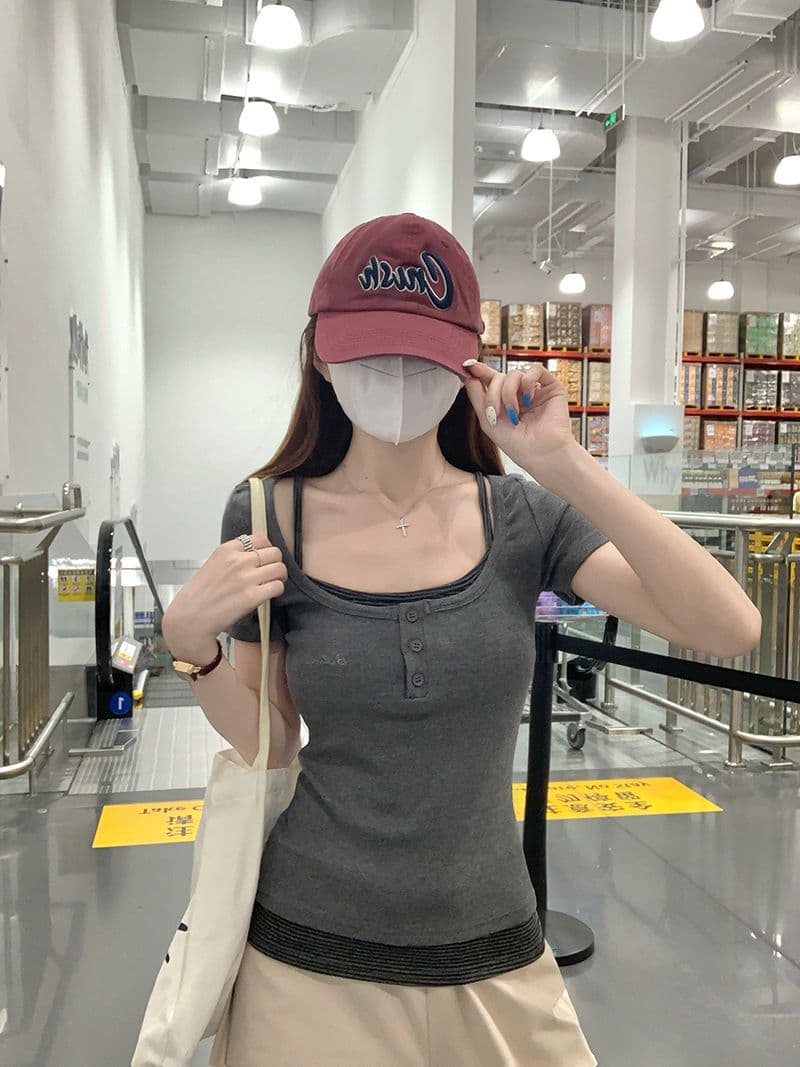 반팔 티셔츠 여성 의류 여름 새로운 디자인 센스 몸매 가꾸기 스트라이프 페이크 레이어드 한 부서 라운드 넥 맨위 상세 이미지 10