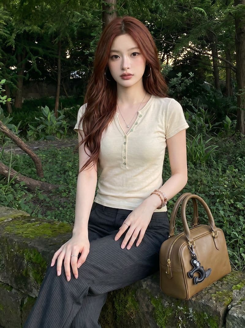 6 하나 양모 반팔 티셔츠 니트 스웨터 여름 새로운 단추 몸매 가꾸기 슬림해 보이는 V넥 맨위 여성 의류 상세 이미지 6