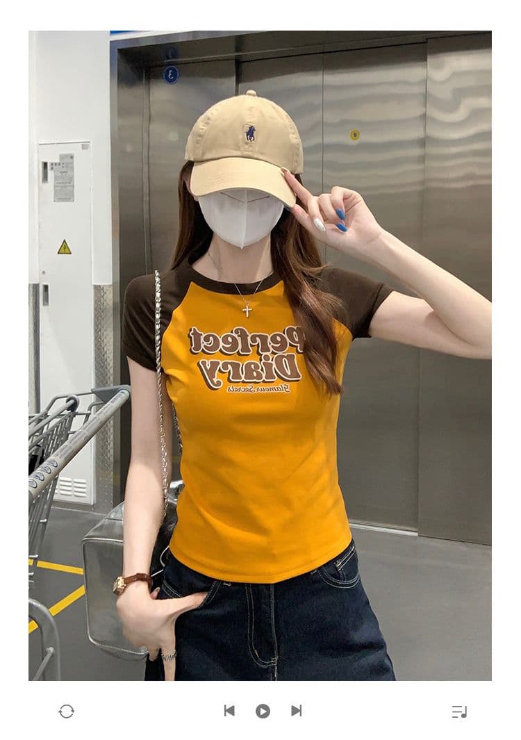 반팔 티셔츠 여성 의류 여름 새로운 디자인 센스 몸매 가꾸기 슬림해 보이는 배색 삽입 어깨 소매 라운드 넥 맨위 상세 이미지 1