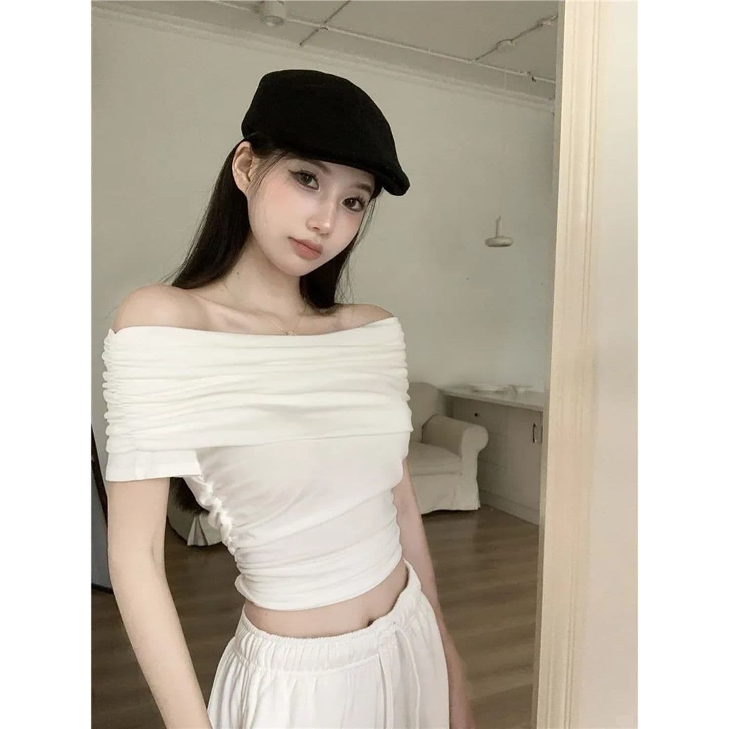 원본 품질 오프숄더 티셔츠 여성 여름 순수한 욕망 바람 몸매 가꾸기 쇼트 스타일 맨위 이미지 3