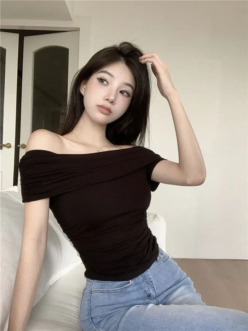 원본 품질 오프숄더 티셔츠 여성 여름 순수한 욕망 바람 몸매 가꾸기 쇼트 스타일 맨위 상세 이미지 4