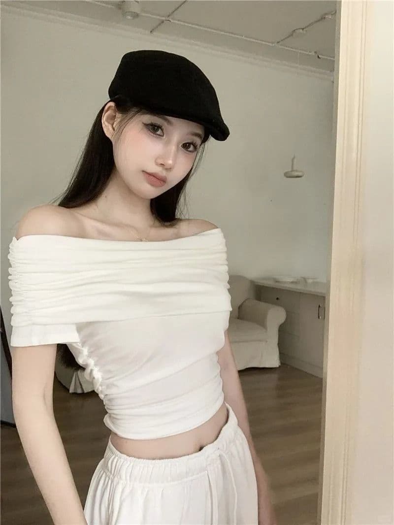 원본 품질 오프숄더 티셔츠 여성 여름 순수한 욕망 바람 몸매 가꾸기 쇼트 스타일 맨위 상세 이미지 6