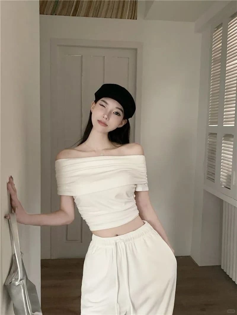 원본 품질 오프숄더 티셔츠 여성 여름 순수한 욕망 바람 몸매 가꾸기 쇼트 스타일 맨위 상세 이미지 7