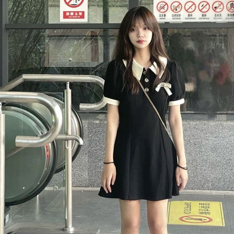 원본 원단 것 있음 주머니 polo 여성 드레스 여름 프랑스식 품격 슬림해 보이는 작은 검은 드레스 이미지 2