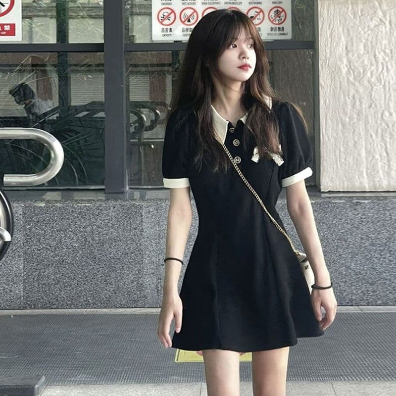 원본 원단 것 있음 주머니 polo 여성 드레스 여름 프랑스식 품격 슬림해 보이는 작은 검은 드레스