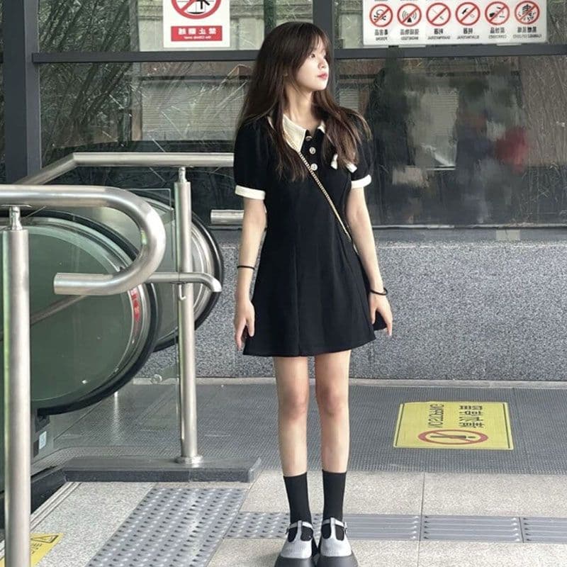 원본 원단 것 있음 주머니 polo 여성 드레스 여름 프랑스식 품격 슬림해 보이는 작은 검은 드레스 상세 이미지 4