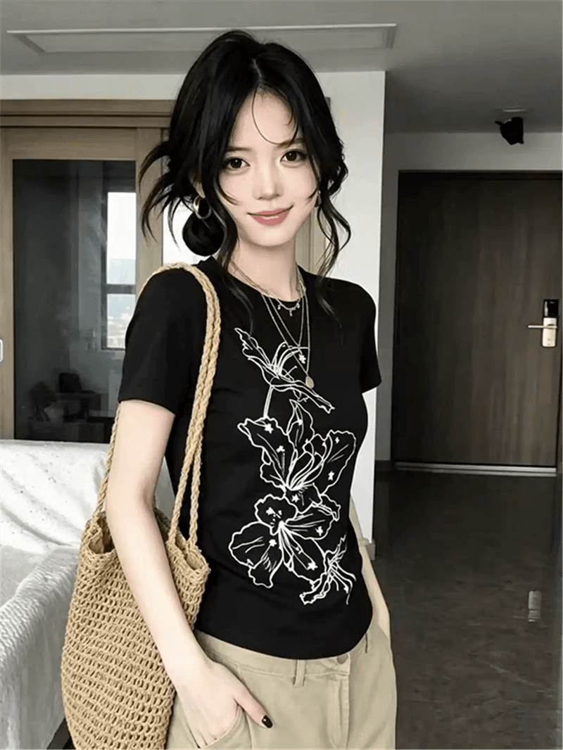 순면 40 220 그램 92 면 8 암모니아 Lun 긍정적 인 어깨 반팔 티셔츠 여성 프린트 이미지 3