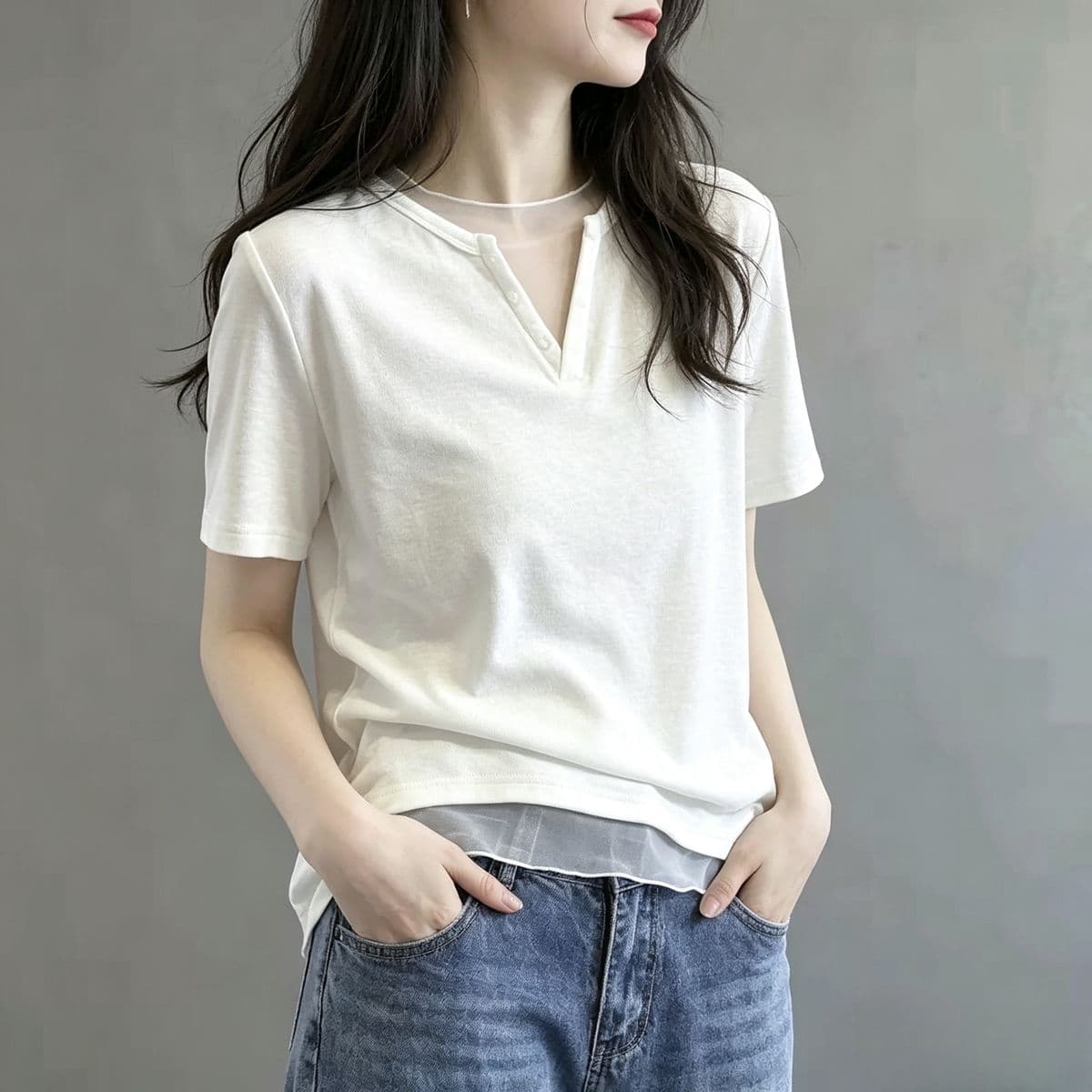 230 톰 글 래 면 리브 45 라이 경기 서울 45 면 10 암모니아 Lun 망사 패치워크 V넥 반팔 티셔츠 여성 여름 맨위 이미지 2