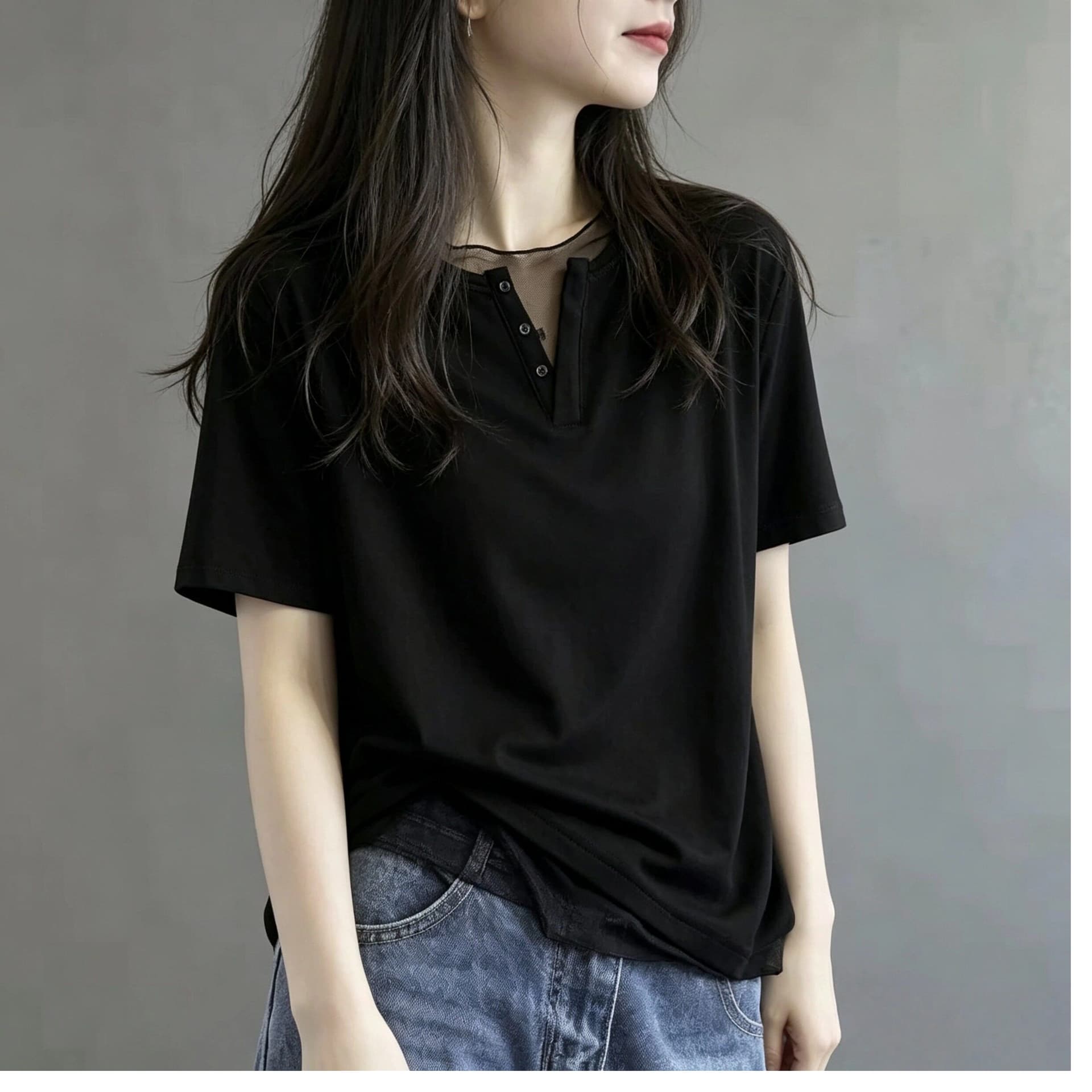 230 톰 글 래 면 리브 45 라이 경기 서울 45 면 10 암모니아 Lun 망사 패치워크 V넥 반팔 티셔츠 여성 여름 맨위 상세 이미지 4