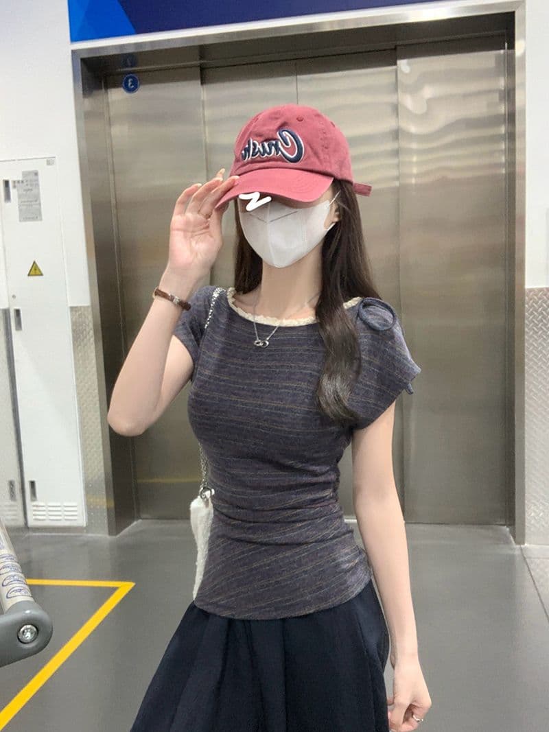 250그램 원본 스트라이프 반팔 티셔츠 여성 의류 여름 새로운 디자인 센스 레트로 스트라이프 라운드 넥 맨위 이미지 3