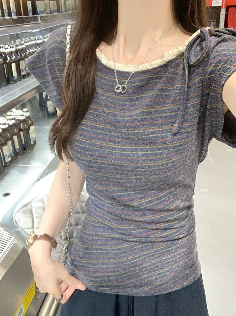 250그램 원본 스트라이프 반팔 티셔츠 여성 의류 여름 새로운 디자인 센스 레트로 스트라이프 라운드 넥 맨위 상세 이미지 5