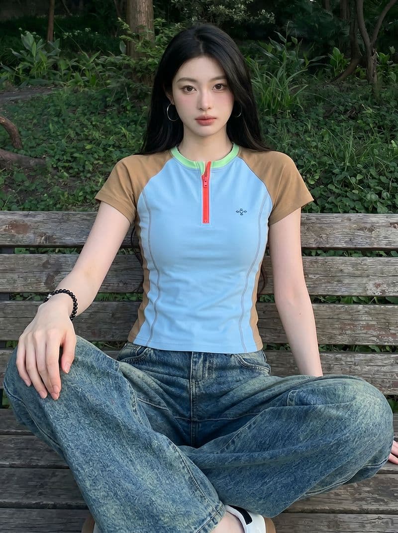 반팔 티셔츠 여성 의류 여름 새로운 디자인 센스 슬림해 보이는 지퍼 배색 삽입 어깨 소매 라운드 넥 맨위