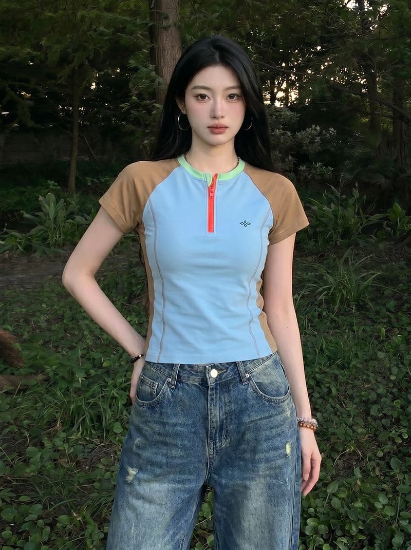 반팔 티셔츠 여성 의류 여름 새로운 디자인 센스 슬림해 보이는 지퍼 배색 삽입 어깨 소매 라운드 넥 맨위 이미지 2