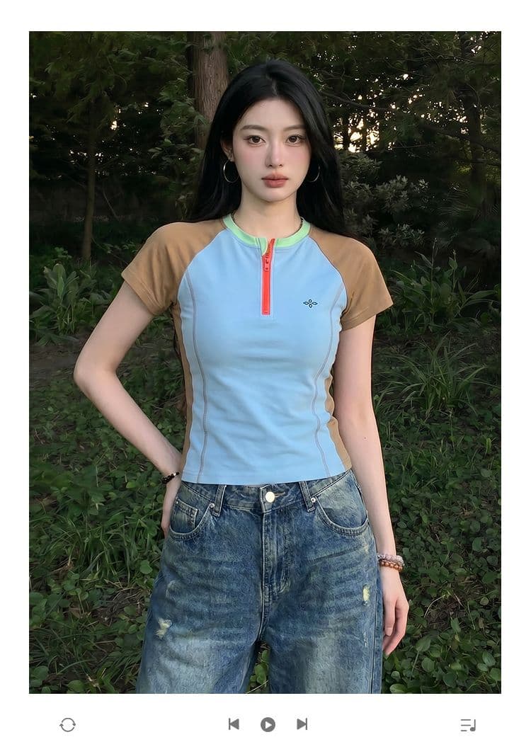 반팔 티셔츠 여성 의류 여름 새로운 디자인 센스 슬림해 보이는 지퍼 배색 삽입 어깨 소매 라운드 넥 맨위 상세 이미지 1