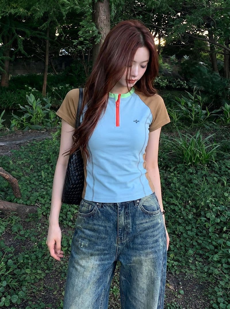 반팔 티셔츠 여성 의류 여름 새로운 디자인 센스 슬림해 보이는 지퍼 배색 삽입 어깨 소매 라운드 넥 맨위 상세 이미지 7