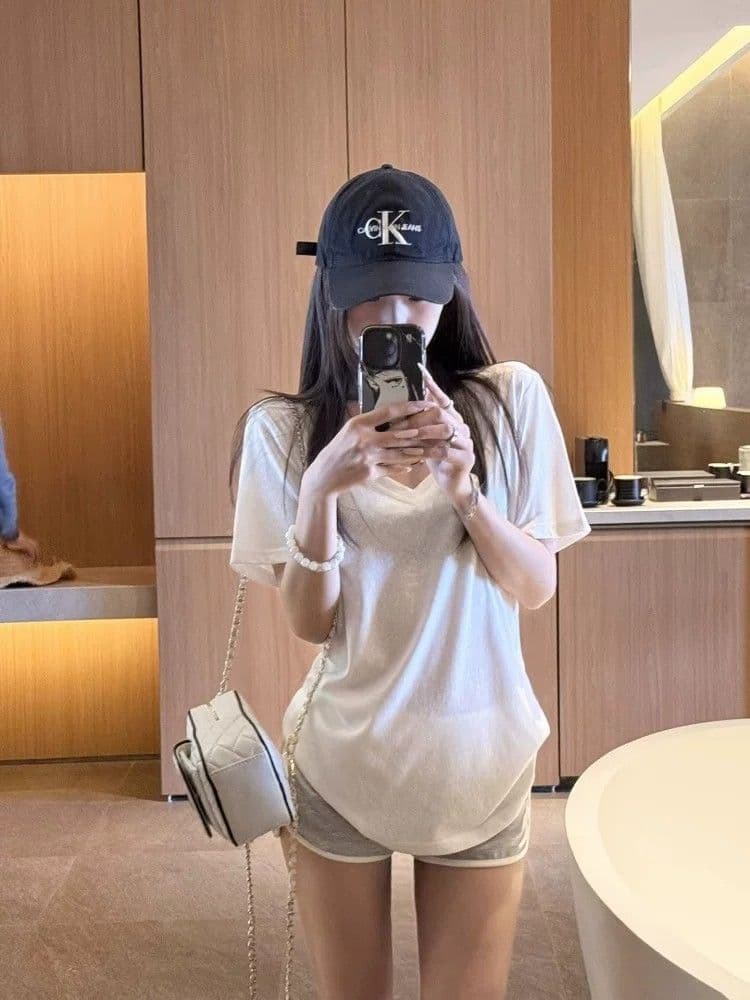 원본 것 반팔 티셔츠 여성 여름 다용도 V넥 디자인 센스 맨위 상세 이미지 5