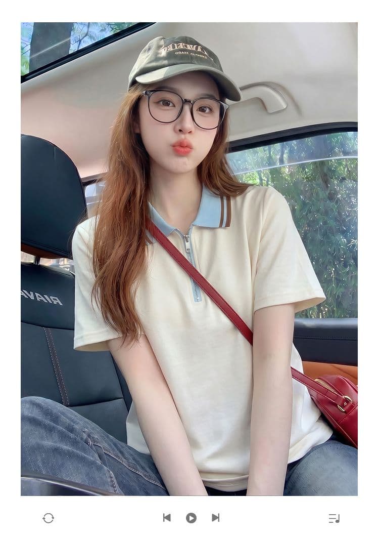 220 그램 남자 바 면 반팔 티셔츠 여성 의류 여름 한 부서 지퍼 배색 새로운 POLO 칼라 맨위 상세 이미지 1