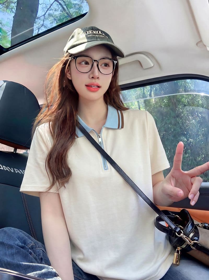 220 그램 남자 바 면 반팔 티셔츠 여성 의류 여름 한 부서 지퍼 배색 새로운 POLO 칼라 맨위 상세 이미지 5