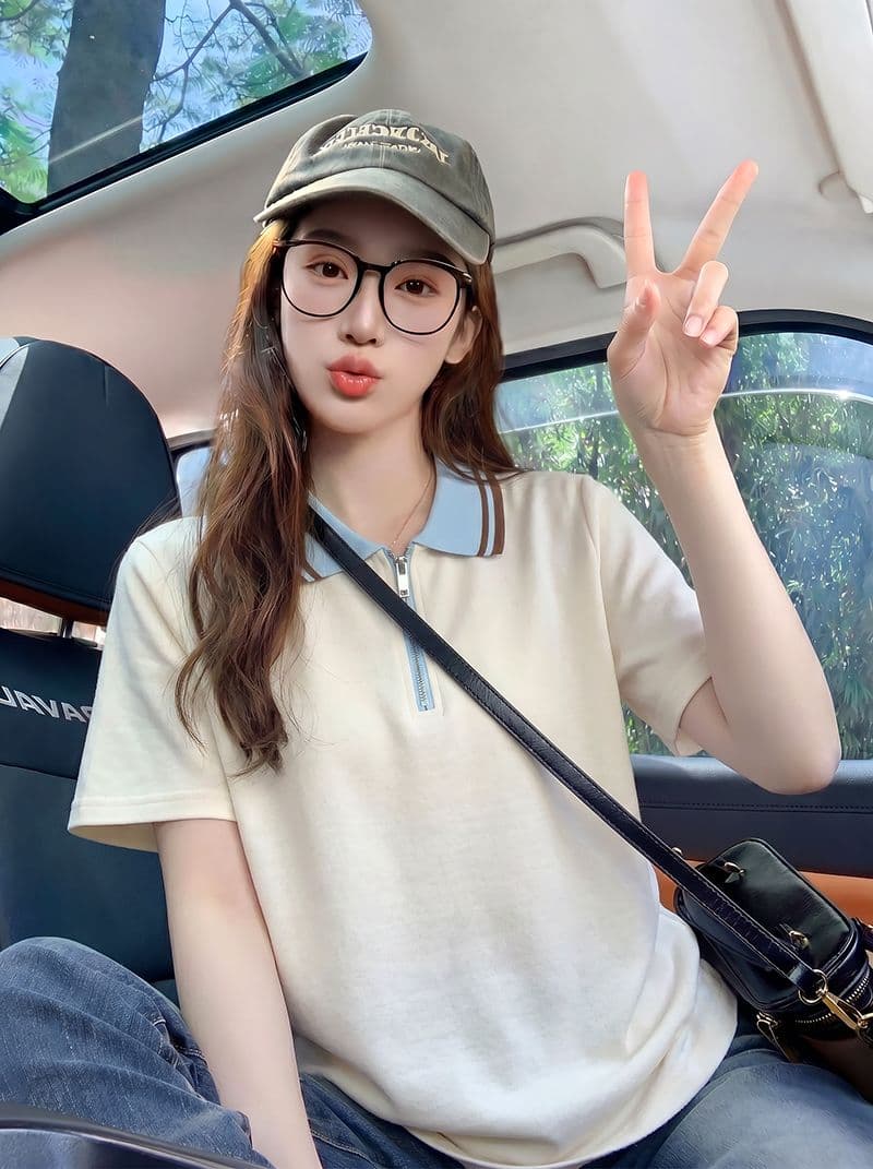 220 그램 남자 바 면 반팔 티셔츠 여성 의류 여름 한 부서 지퍼 배색 새로운 POLO 칼라 맨위 상세 이미지 8