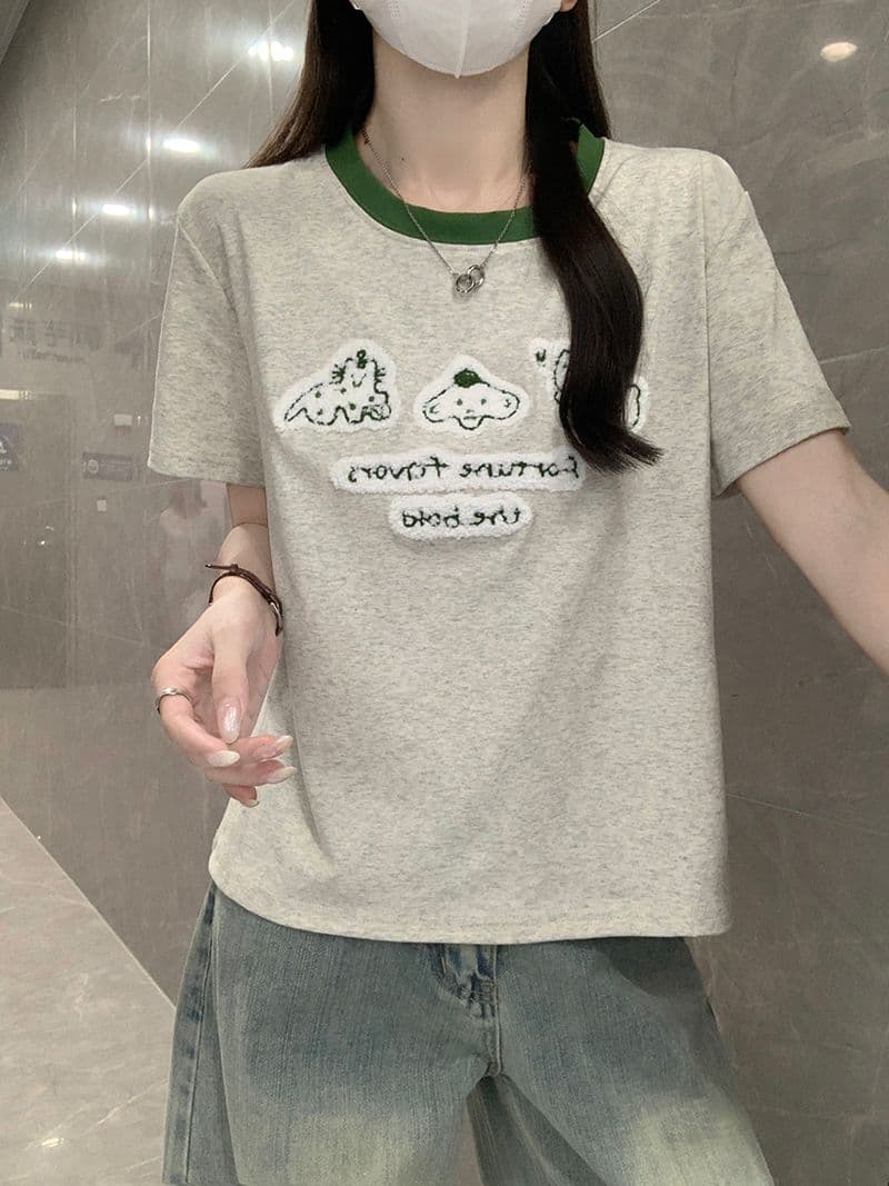 반팔 티셔츠 여성 의류 여름 새로운 트렌디 한 부서 디자인 센스 만화 자수 배색 라운드 넥 맨위 상세 이미지 5