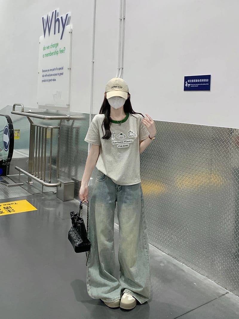 반팔 티셔츠 여성 의류 여름 새로운 트렌디 한 부서 디자인 센스 만화 자수 배색 라운드 넥 맨위 상세 이미지 13