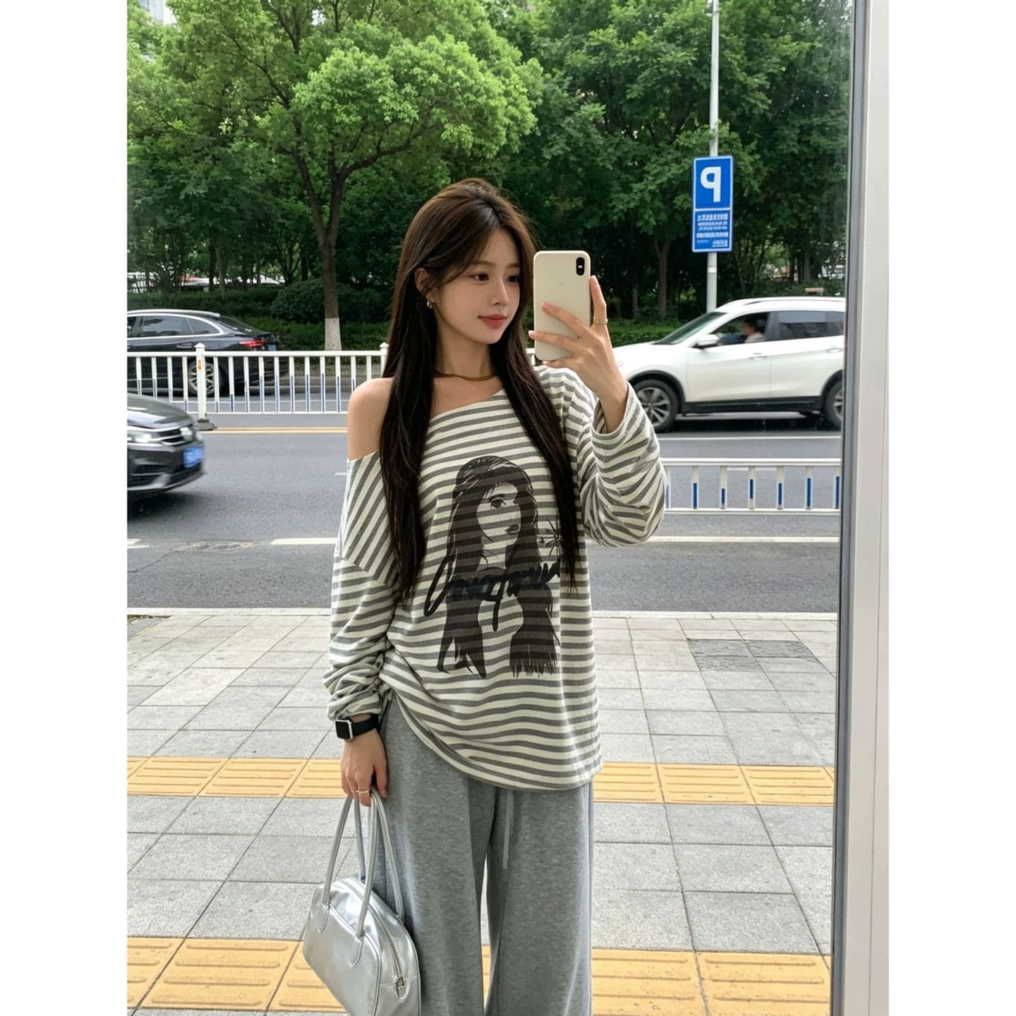 원본 품질 거리 캐주얼 바람 비스듬한 어깨 루즈핏 스트라이프 긴팔 티셔츠