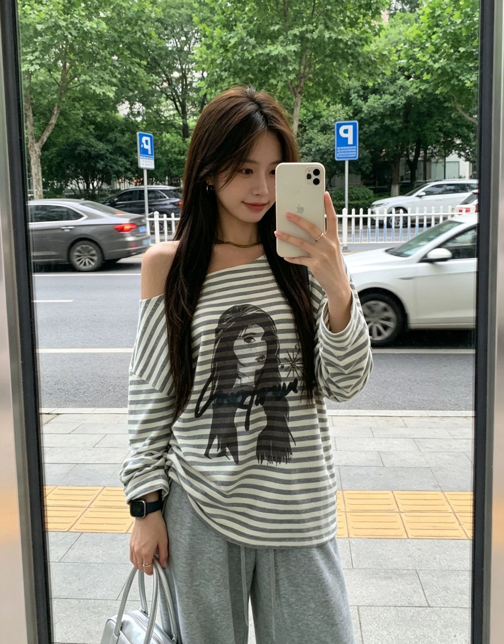 원본 품질 거리 캐주얼 바람 비스듬한 어깨 루즈핏 스트라이프 긴팔 티셔츠 상세 이미지 4