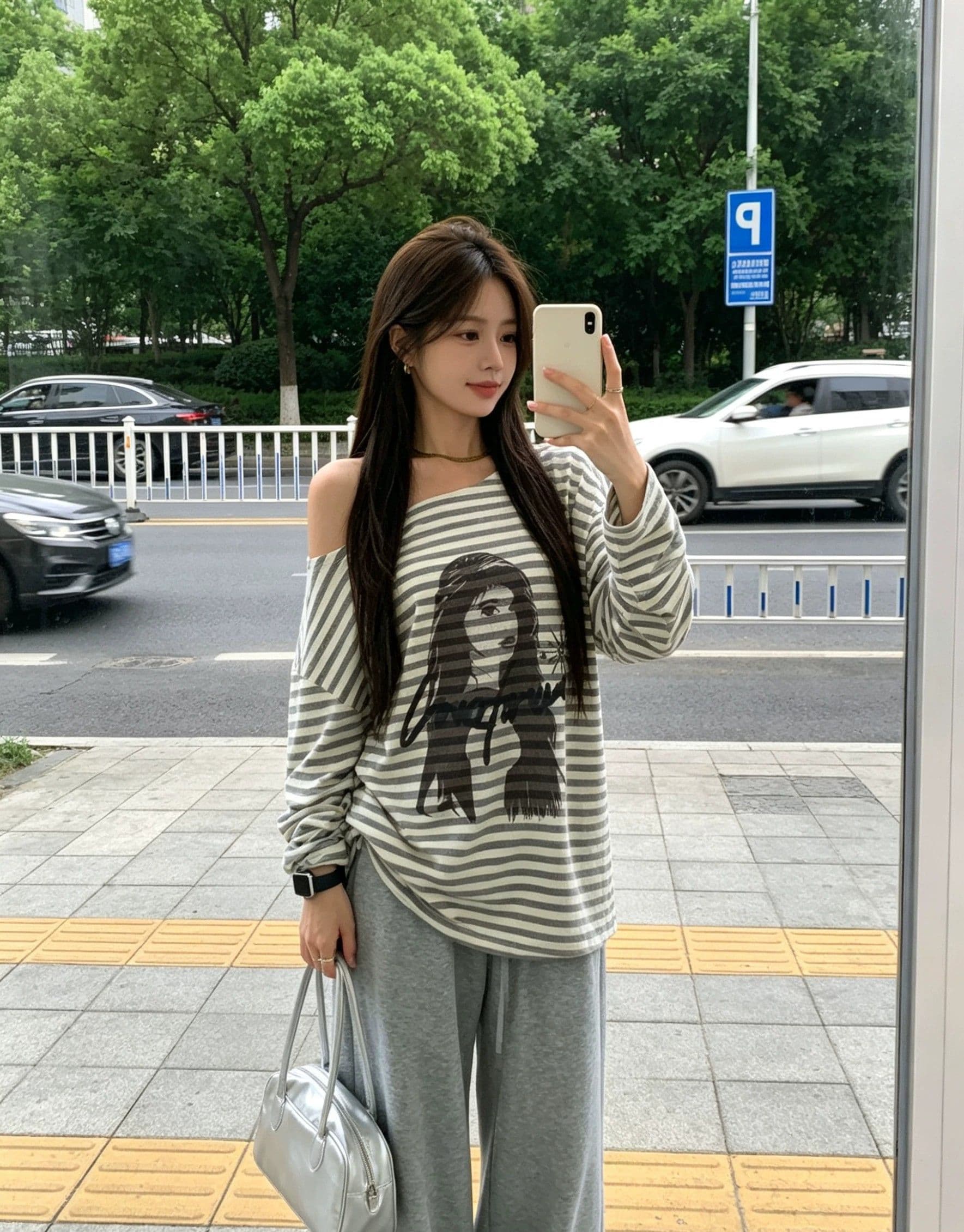 원본 품질 거리 캐주얼 바람 비스듬한 어깨 루즈핏 스트라이프 긴팔 티셔츠 상세 이미지 6