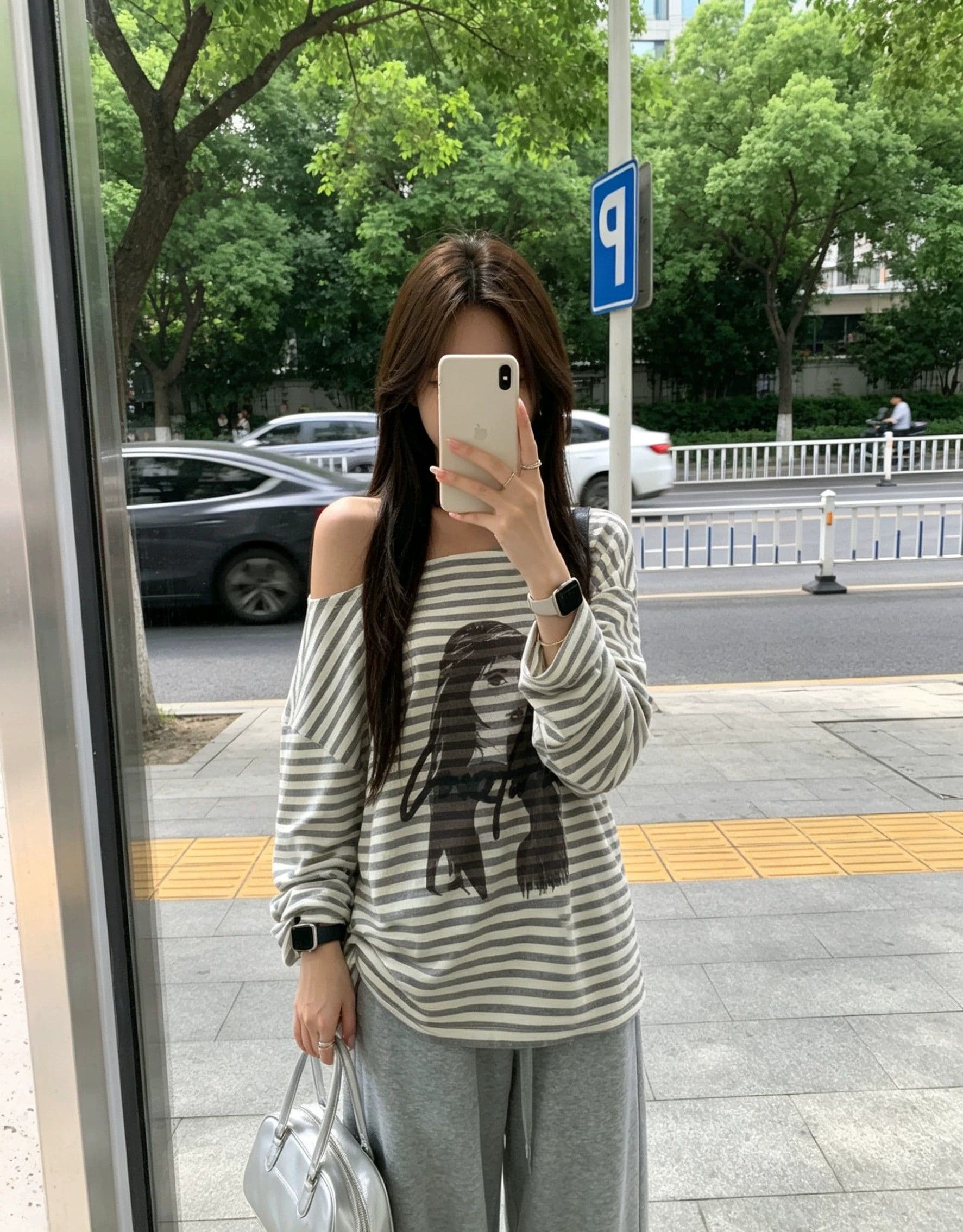 원본 품질 거리 캐주얼 바람 비스듬한 어깨 루즈핏 스트라이프 긴팔 티셔츠 상세 이미지 7