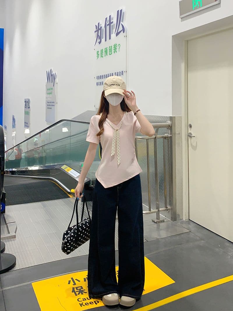 물 부드러운 면 양면 220 그램 반팔 티셔츠 여성 여름 새로운 디자인 센스 도트 무늬 스카프 V넥 맨위 이미지 3