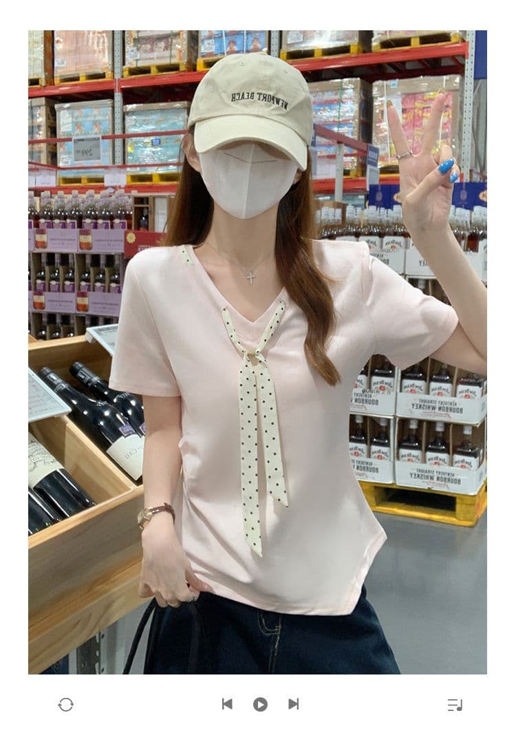 물 부드러운 면 양면 220 그램 반팔 티셔츠 여성 여름 새로운 디자인 센스 도트 무늬 스카프 V넥 맨위 상세 이미지 1