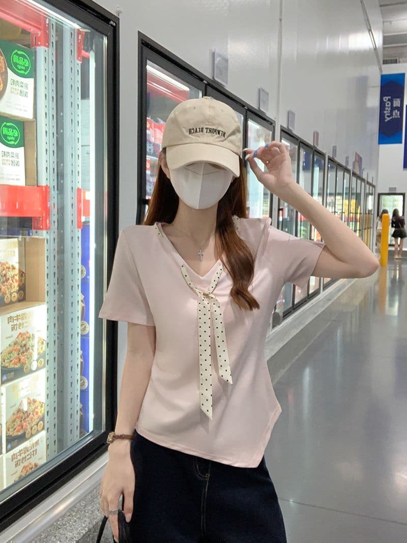 물 부드러운 면 양면 220 그램 반팔 티셔츠 여성 여름 새로운 디자인 센스 도트 무늬 스카프 V넥 맨위 상세 이미지 7