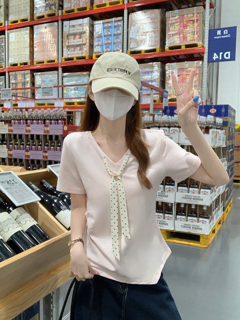 물 부드러운 면 양면 220 그램 반팔 티셔츠 여성 여름 새로운 디자인 센스 도트 무늬 스카프 V넥 맨위 상세 이미지 9