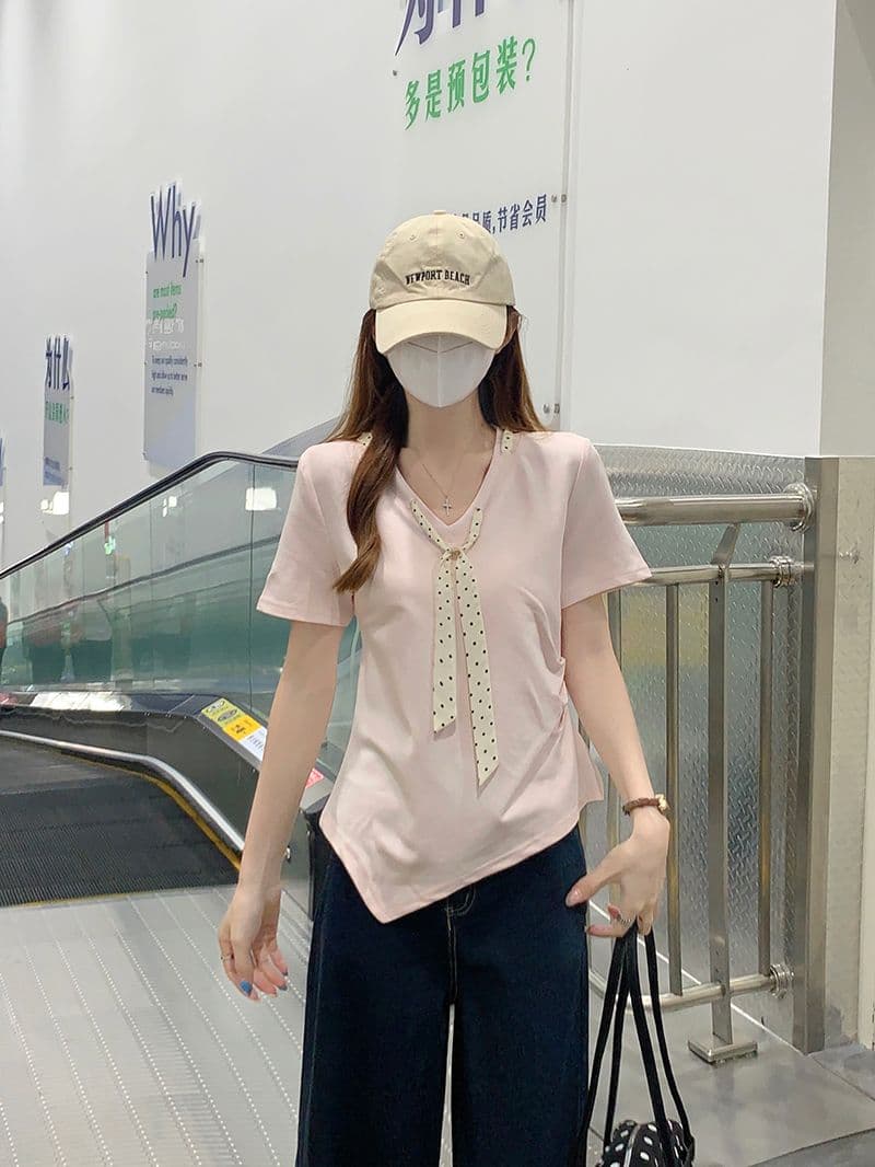 물 부드러운 면 양면 220 그램 반팔 티셔츠 여성 여름 새로운 디자인 센스 도트 무늬 스카프 V넥 맨위 상세 이미지 10