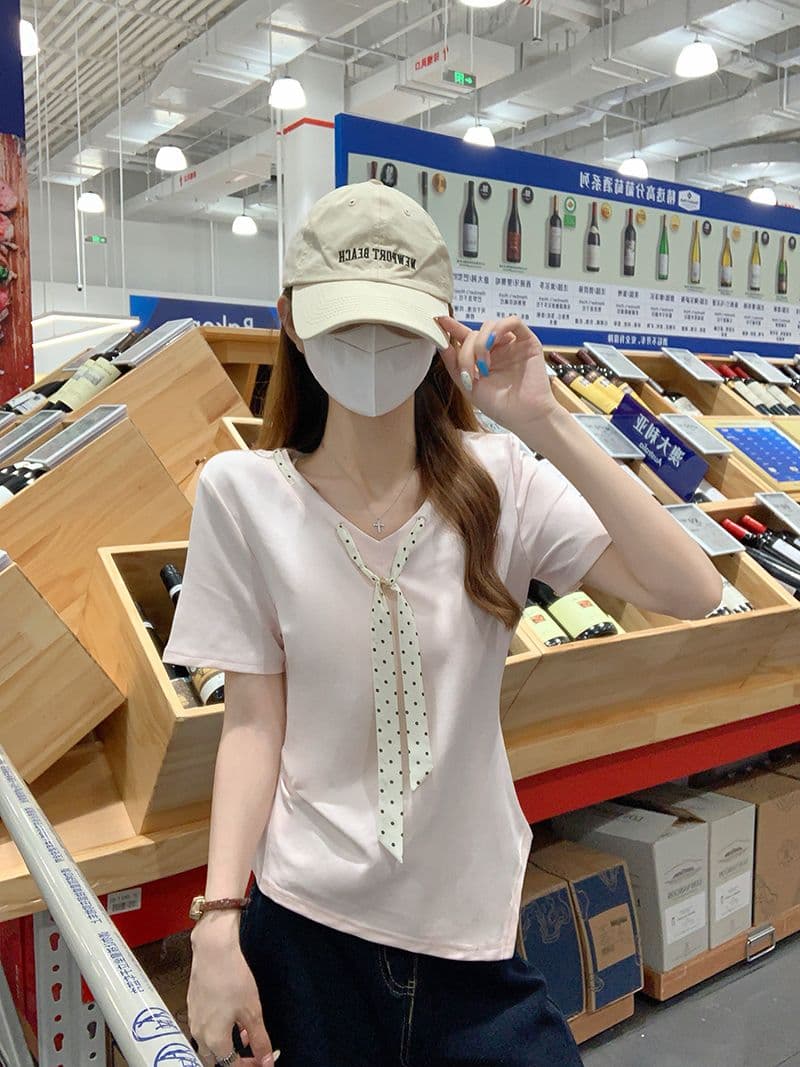 물 부드러운 면 양면 220 그램 반팔 티셔츠 여성 여름 새로운 디자인 센스 도트 무늬 스카프 V넥 맨위 상세 이미지 13