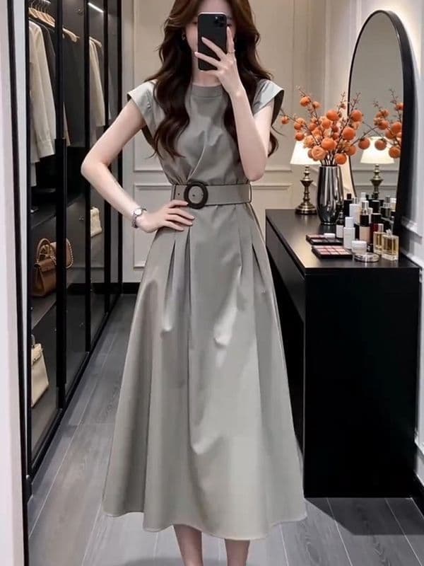 벨트 보내기 품격 민소매 여성 드레스 여름 새로운 고급 센스 허리 수축 슬림해 보이는 한 마디 롱 스커트 이미지 4