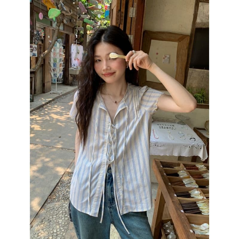 원본 셔틀 제직 기사 스트라이프 반팔 셔츠 여름 자이언트 잘 생긴 레이스업 셔츠 한 부서 여름 작은 셔츠 여성 이미지 2