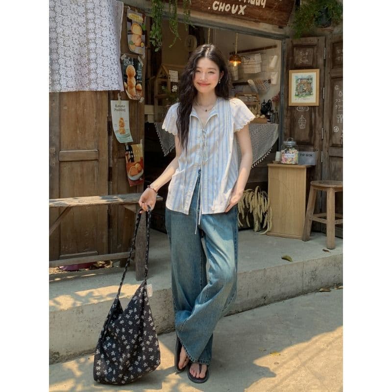 원본 셔틀 제직 기사 스트라이프 반팔 셔츠 여름 자이언트 잘 생긴 레이스업 셔츠 한 부서 여름 작은 셔츠 여성