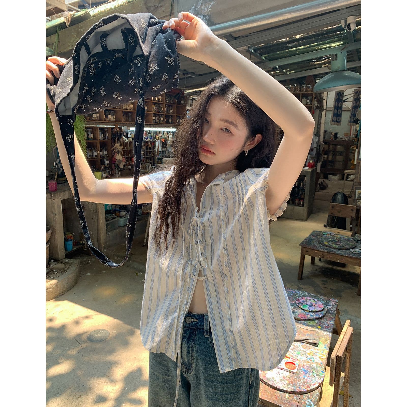 원본 셔틀 제직 기사 스트라이프 반팔 셔츠 여름 자이언트 잘 생긴 레이스업 셔츠 한 부서 여름 작은 셔츠 여성 이미지 4