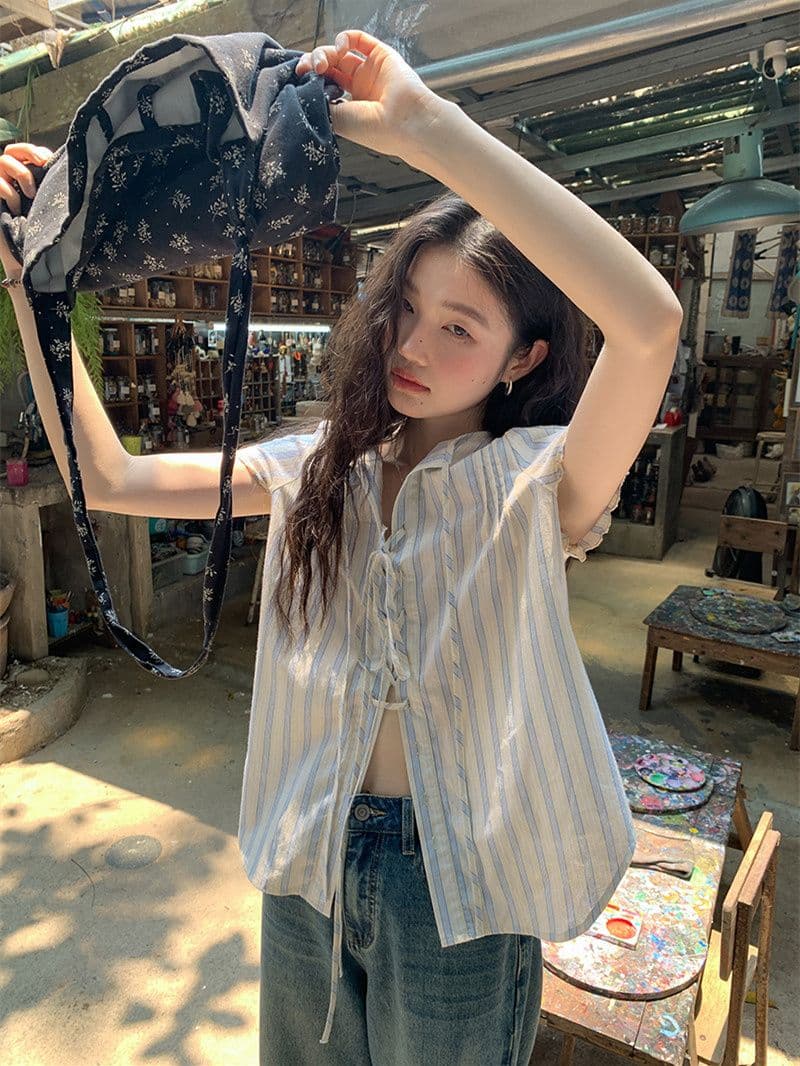 원본 셔틀 제직 기사 스트라이프 반팔 셔츠 여름 자이언트 잘 생긴 레이스업 셔츠 한 부서 여름 작은 셔츠 여성 상세 이미지 8
