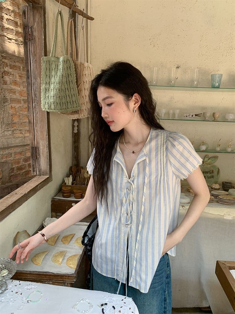 원본 셔틀 제직 기사 스트라이프 반팔 셔츠 여름 자이언트 잘 생긴 레이스업 셔츠 한 부서 여름 작은 셔츠 여성 상세 이미지 12
