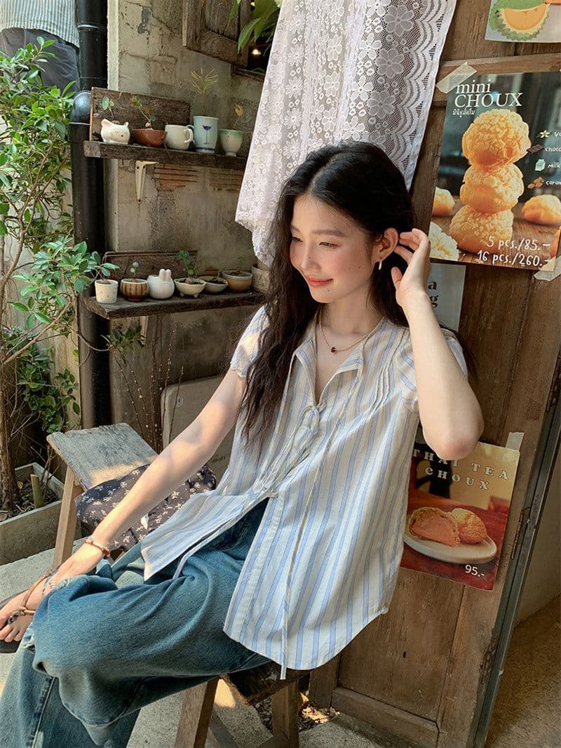 원본 셔틀 제직 기사 스트라이프 반팔 셔츠 여름 자이언트 잘 생긴 레이스업 셔츠 한 부서 여름 작은 셔츠 여성 상세 이미지 13