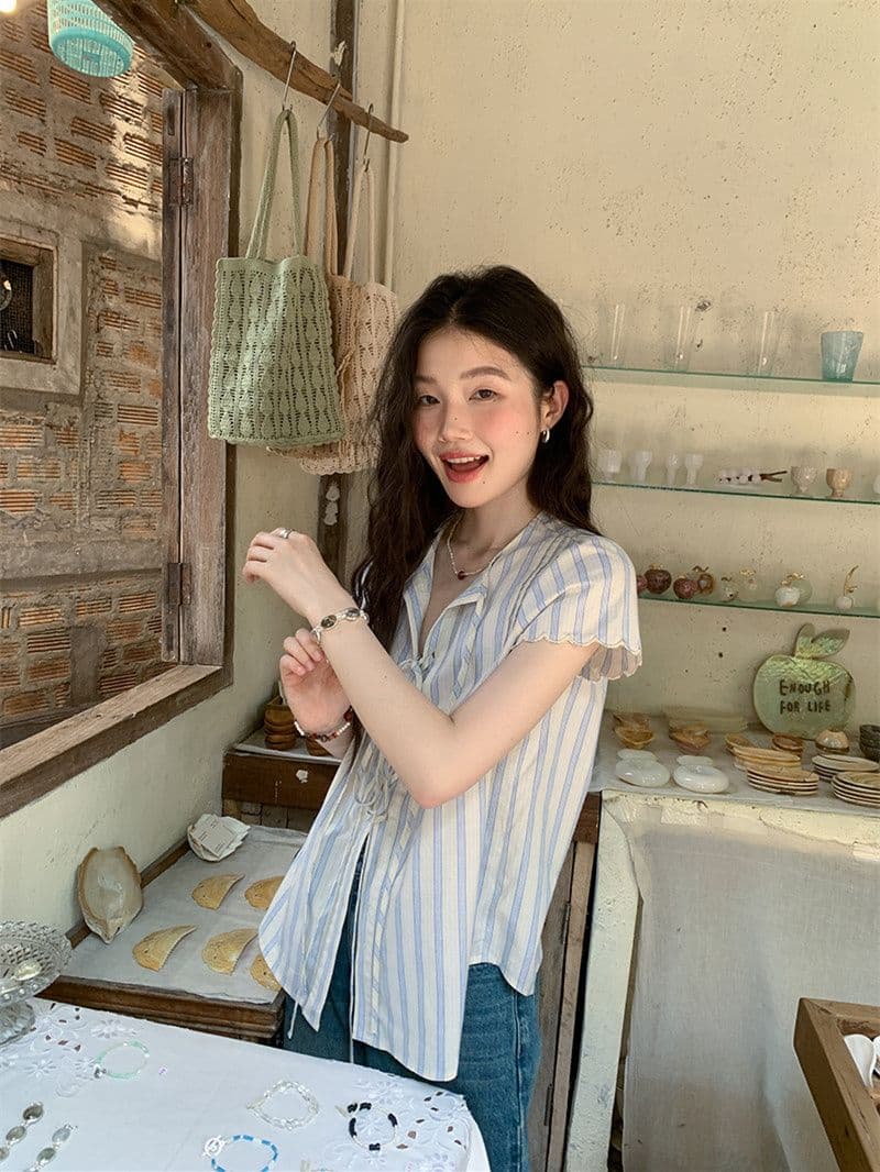 원본 셔틀 제직 기사 스트라이프 반팔 셔츠 여름 자이언트 잘 생긴 레이스업 셔츠 한 부서 여름 작은 셔츠 여성 상세 이미지 14