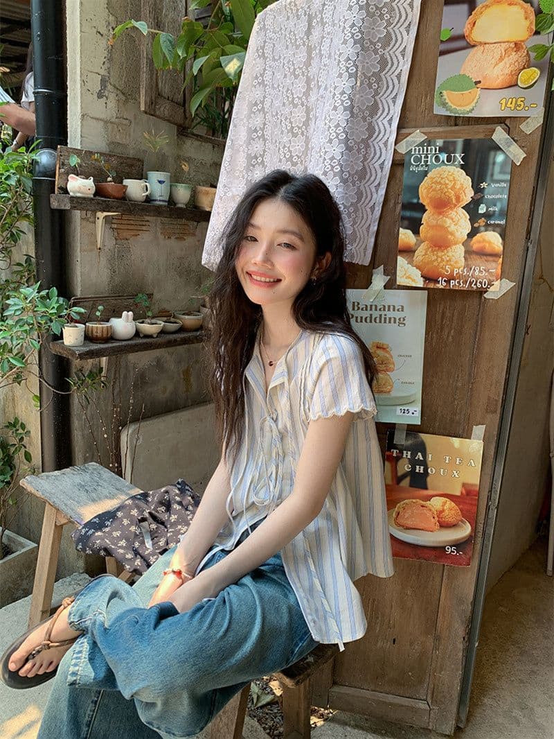 원본 셔틀 제직 기사 스트라이프 반팔 셔츠 여름 자이언트 잘 생긴 레이스업 셔츠 한 부서 여름 작은 셔츠 여성 상세 이미지 15