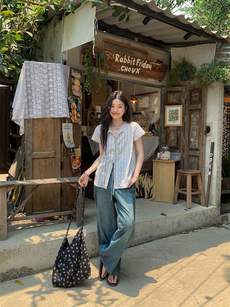 원본 셔틀 제직 기사 스트라이프 반팔 셔츠 여름 자이언트 잘 생긴 레이스업 셔츠 한 부서 여름 작은 셔츠 여성 상세 이미지 16