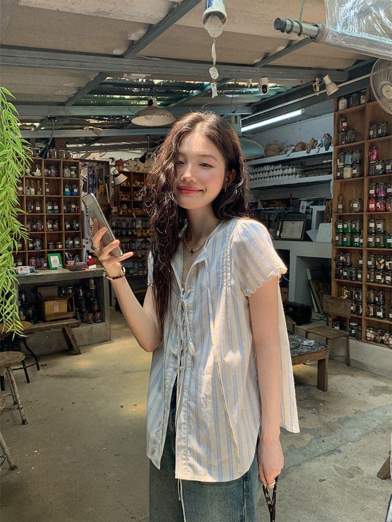 원본 셔틀 제직 기사 스트라이프 반팔 셔츠 여름 자이언트 잘 생긴 레이스업 셔츠 한 부서 여름 작은 셔츠 여성 상세 이미지 18
